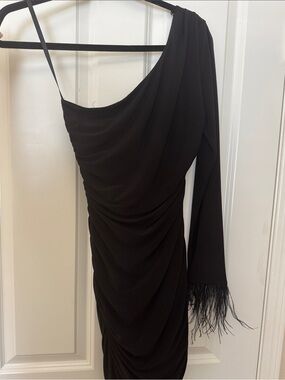 City Studio Black One-Shoulder Ruched Dress with Feather Cuff